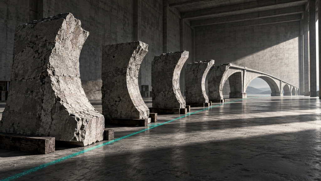 Separate stone ribs align into the outline of a complete bridge along a single teal sight line.